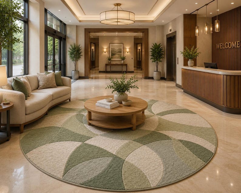 May include: A hotel lobby with a curved beige sofa, a round wooden coffee table, and a large circular rug with green and beige geometric patterns. The reception desk has a "WELCOME" sign.