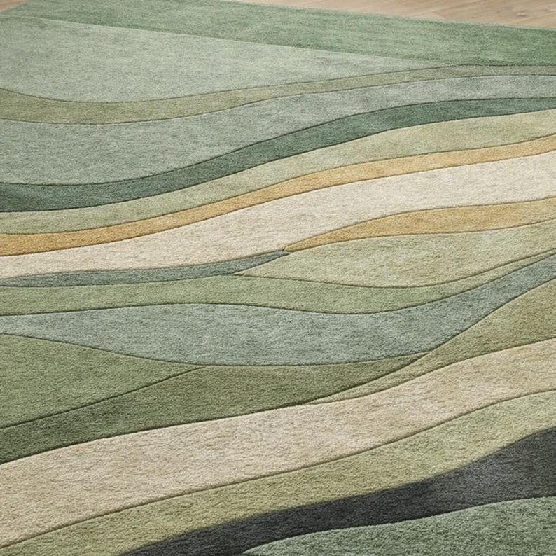 Pu&ograve; includere: Un tappeto verde e beige con un motivo a onde. Il tappeto presenta fasce orizzontali in varie tonalit&agrave; di verde, beige e marrone chiaro, creando un effetto strutturato e stratificato. Il design evoca movimento e paesaggi naturali.
