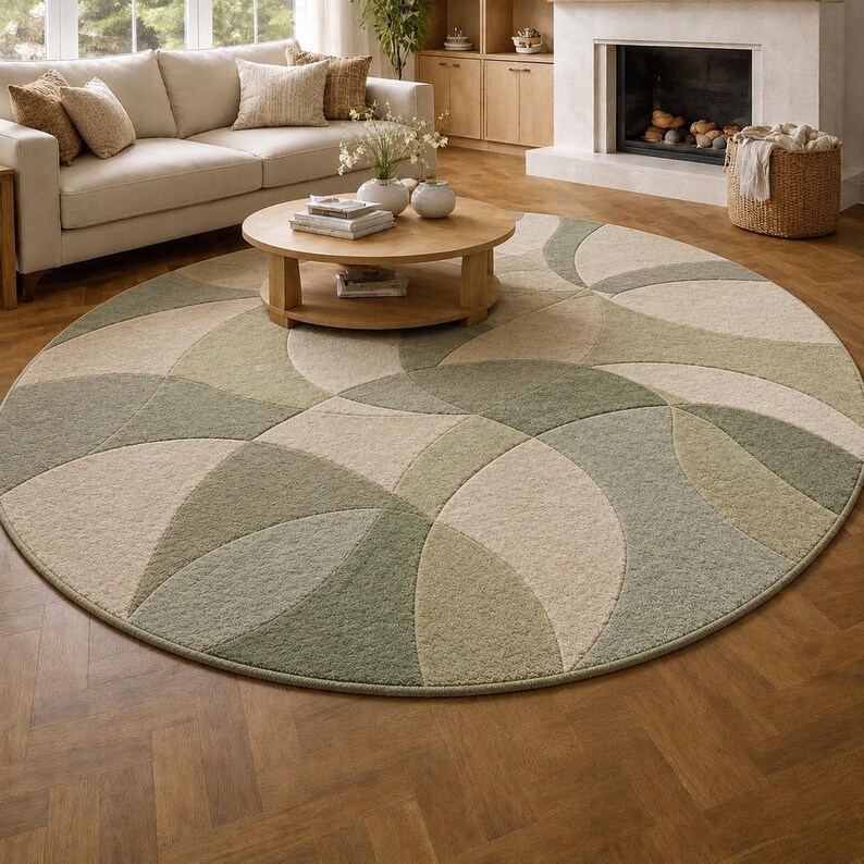 May include: A large, round area rug with a geometric design in shades of green and beige. The rug is placed on a hardwood floor and features a curved pattern. The rug is a decorative element in a living room setting.