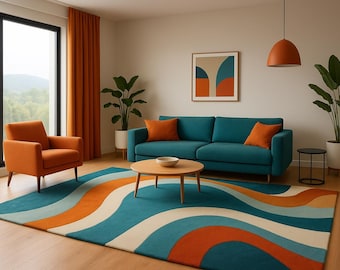 Tappeto retrò ondulato, stile anni '70, tappeto astratto arancione e verde acqua