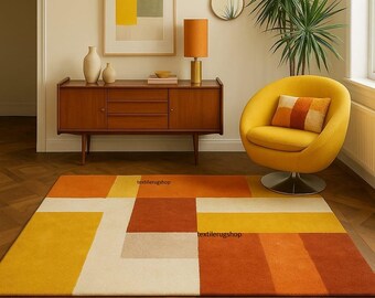 Tappeto retrò arancione e beige – Tappeto moderno con onde astratte / Tappeto da soggiorno di metà secolo / Decorazione per pavimenti con accenti morbidi / Grande tappeto boho
