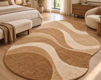 Hand Tufted Wool Rug, Abstract Wave Rug, Beige Brown Area Rug, Modern Wavy Carpet, Neutral Bedroom Living Room Decor, Custom Rug