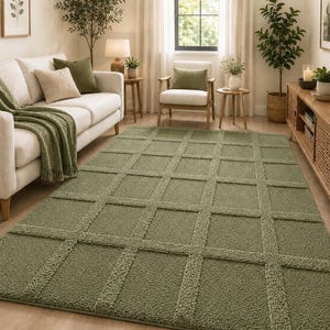 May include: A sage green rectangular area rug with a grid pattern. The rug is made of a soft, textured material and is placed on a hardwood floor. The rug is in a living room setting with a white sofa and armchair.