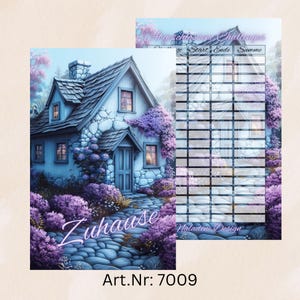 Könnte beinhalten: Ein druckbarer digitaler Download mit einer fantasievollen Illustration eines blauen Steinhauses mit lila Blumen und einem Steinweg, der zur Haustür führt. Der Text "Zuhause" ist auf den Weg geschrieben. Das Bild wird von einer Checkliste zur Verfolgung abgeschlossener Herausforderungen begleitet. Der Text "7 abgeschlossene Challenges" steht oben auf der Checkliste. Der Text "Art. Nr: 7009" befindet sich unten auf dem Bild.
