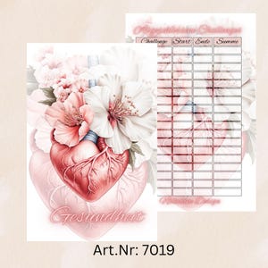 Könnte beinhalten: Ein Aquarelldruck mit einem stilisierten menschlichen Herzen, umgeben von rosa und weißen Blumen. Das Wort "Gesundheit" ist kursiv geschrieben. Eine zweite Seite hat eine Tabelle mit den Wörtern "Challenge", "Start", "Ende" und "Summe". Der Produktcode "Art.Nr: 7019" befindet sich unten.