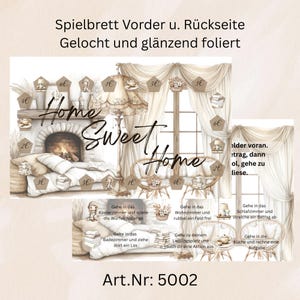 Könnte beinhalten: Ein Spielbrett mit dem Thema Home Sweet Home. Das Brett ist mit einem Kamin, einem Fenster und einer Couch dekoriert. Das Brett ist in Felder mit unterschiedlichen Geldbeträgen auf jedem Feld unterteilt. Das Brett ist aus Pappe und ist gestanzt. Das Brett ist auch laminiert.