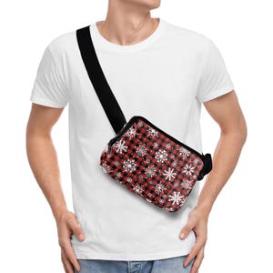 Sac banane classique à carreaux, sac poitrine flocon de neige, sac banane bohème hivernal, sac banane de style rustique, sac banane cottagecore, sac éclectique campagne