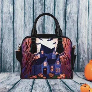 Bolso de mujer de casa embrujada, bolso de mano de mansión espeluznante, bolso de mano de noche de Halloween, accesorio de murciélago vampiro, cartera espeluznante y aterradora, regalo oscuro para novia
