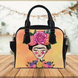 Bolso de hombro con diseño floral de Frida, bolso de mano con diseño de flores de Frida, bolso de fantasía con flores, regalo romántico para ella, cartera estilo mexicano, bolso de diseño único