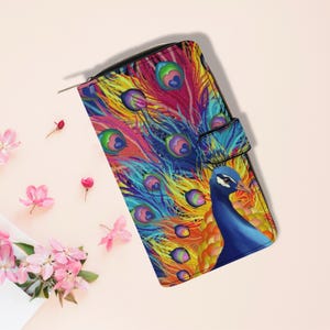 Cartera con plumas de pavo real, cartera con diseño exclusivo de plumas, cartera maximalista estilo bohemio, cartera formal elegante, regalo para novia, cartera tropical