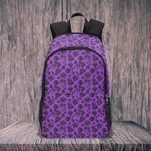 Sac à dos floral violet, sac à dos gothique foncé, sac à dos victorien à motif de roses audacieuses, cartable chic pour la rentrée, idée cadeau de sac pour ordinateur portable de style gothique
