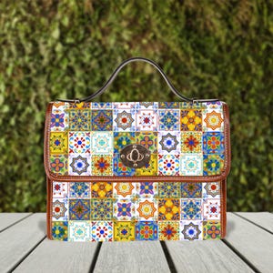Sac à main pour femme en carreaux portugais, sac cartable azulejo, sac à main bohème méditerranéen, sac d'inspiration espagnole, accessoire ibérique, cadeau bohème pour elle