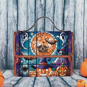 Sac à main pour femme en vitrail d'Halloween, sac citrouille, sac à main toile d'araignée chauve-souris, accessoire d'art pour le vitrail, cadeau automne automne pour elle, étrange design unique