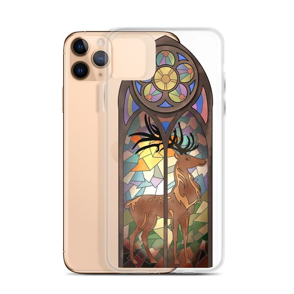 Stain Glass Deer Window Clear iPhone Case iphone 15 14 13 12 11 mini Pro max 7 8 14 15 Plus XR X XS Max SE clair design unique étui iphone