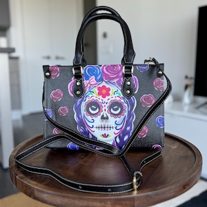 Bolso de mano con forma de caja del Día de los Muertos, bolso de mano gótico oscuro, bolso de mano Withcy, bolso de mujer con diseño de arte popular mexicano, bolso del Día de los Muertos, regalo para novia