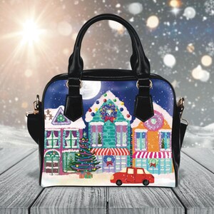 Sac femme village de Noël, sac à main pour les vacances d'hiver, fourre-tout scène enneigée, accessoire de sac à main mignon, sacoche du nouvel an, étrange cadeau pour petite amie