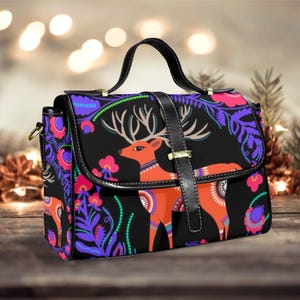 Cartable d'art folklorique scandinave, sac bohème fantaisiste, fourre-tout éclectique rustique, accessoire, sac à main floral cerf bohème, cadeau design unique pour elle
