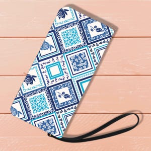 Blue Floral Portuguese Tile Wristlet, Mosaic Wallet, Traditional Azulejo Purse, Coastal Art Deco Clutch, Mediterranean Bohemian Gift for Her