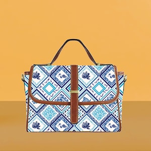 Cartable à carreaux floraux bleus, sac à main portugais en mosaïque, sac à main azulejo traditionnel, accessoire art déco côtier, sac à main bohème méditerranéen