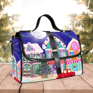Cartable village de Noël, sac du marché des Fêtes d'hiver, fourre-tout ville enneigée, accessoire du Nouvel An, cadeau sucré pour petite amie, sac pour les fêtes de fin d'année