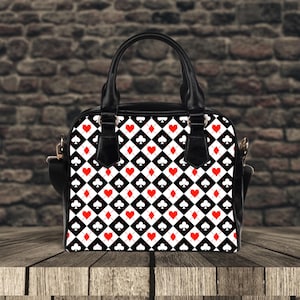Bolsa de terno de cartão Harlequin, bolsa Wonderland, acessório xadrez, bolsa Queen of Heart, bolsa retrô com estilo de cassino, presente divertido e brincalhão para ela