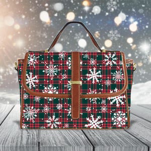 Cartable flocon de neige, sac bohème d'hiver à carreaux classique, fourre-tout de style rustique, accessoire cottagecore, cadeau de vacances pour elle, campagne éclectique