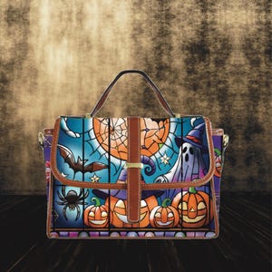 Cartable d'Halloween en vitrail, sac à bandoulière citrouille, fourre-tout toile d'araignée chauve-souris, accessoire automne automne, cadeau design unique pour petite amie, mère