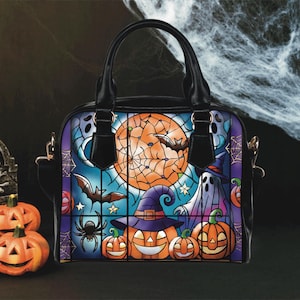 Sac pour femme d'Halloween en vitrail, sac à main citrouille, sac à main chauve-souris, fourre-tout toile d'araignée, accessoire gothique, cartable art vitrail, cadeau pour petite amie