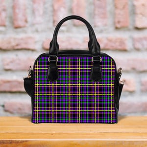 Sac à carreaux néon, sac à main audacieux tartan, sac à main grunge moderne, sacoche à carreaux rétro, fourre-tout funky tartan, cadeau pour petite amie, sac punk rock étrange