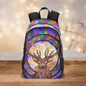 Sac à dos cerf en vitrail, sac à dos de Noël, sac à dos cerf aux couleurs vives, cartable fantaisie des fêtes, sacoche pour ordinateur portable nouvel an, cadeau unique