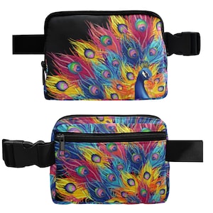 Sac banane en plumes de paon, sac poitrine bohème cottagecore, sac banane esthétique maximaliste, sac banane exotique inhabituel, sac banane esthétique majestueux