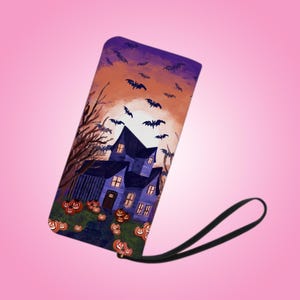 Haunted House Wristlet Portemonnaie, gruselige Geldbörse, Dark Fantasy Clutch, einzigartiges Design Vampir-Fledermaus-Accessoire, gruseliges Halloween-Geschenk für Freundin