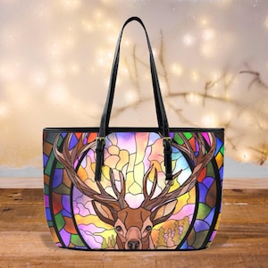 Sac fourre-tout cerf en vitrail, sac à main de Noël, grand sac à bandoulière cerf aux couleurs vives, sacoche esprit des fêtes, cadeau de nouvel an pour petite amie
