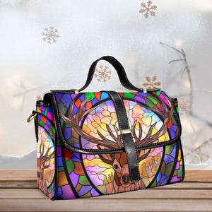 Cartera de ciervo con vitrales, bolso navideño, bolso bohemio rústico, bolso de ciervo colorido, accesorio festivo, diseño único, estilo Art Nouveau