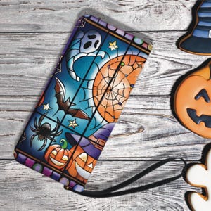 Cartera de Halloween con vidrieras, billetera gótica, bolso de mano con forma de calabaza, bolso de mano con forma de araña murciélago, accesorio único, bolsa de dinero de otoño, regalo para novia