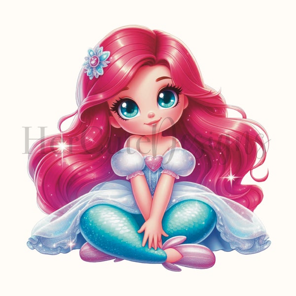 Schattige kleine zeemeermin prinses PNG | Rood haar | Babyprinses | Glitter | Mooi | Bloem| Wintertaling| Digitaal beeld