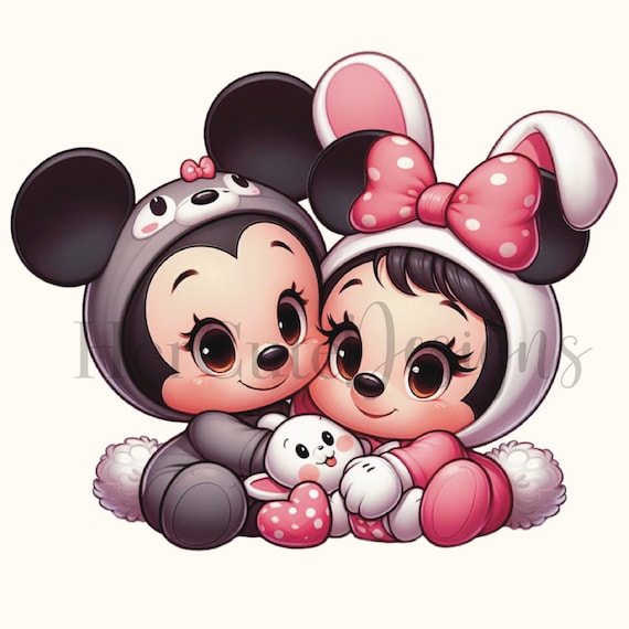 Cute Baby Mouse Couple in Bunny Pajamas PNG Easter Pink Bow| Digital  Image| Bunny Rabbit Cuddling