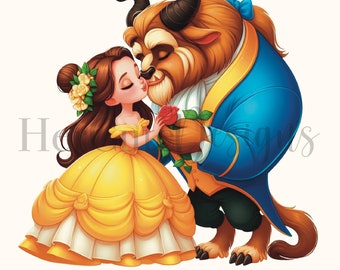 Cute Beauty and the Beast Kissing PNG | Classic Princess| Digital Image | Love |