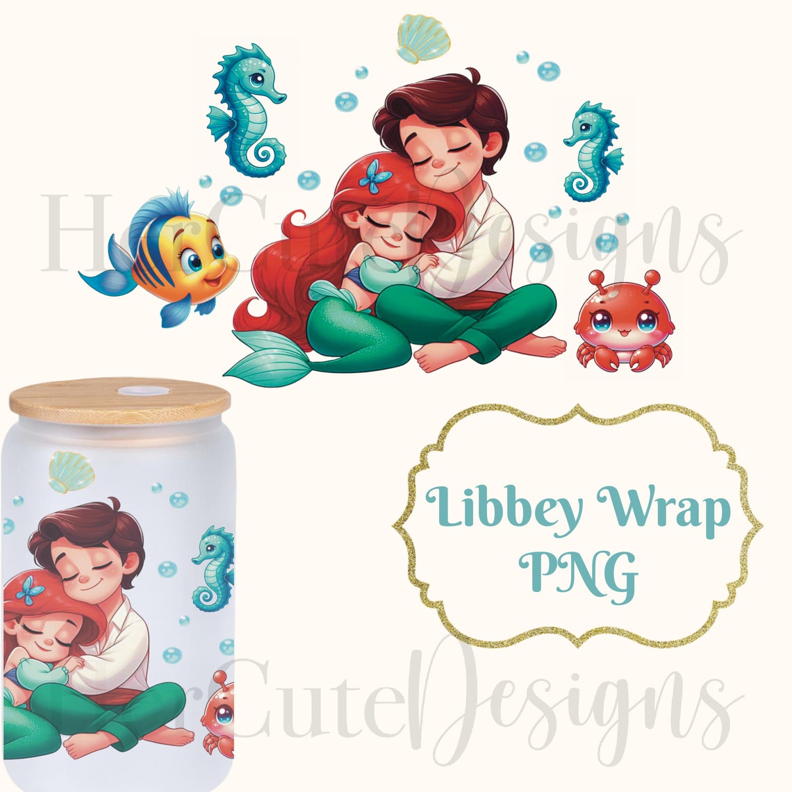 Cute Mermaid and Prince Libbey Wrap PNG Love Princess Sea Horse Crab Flounder Digital Image Sea