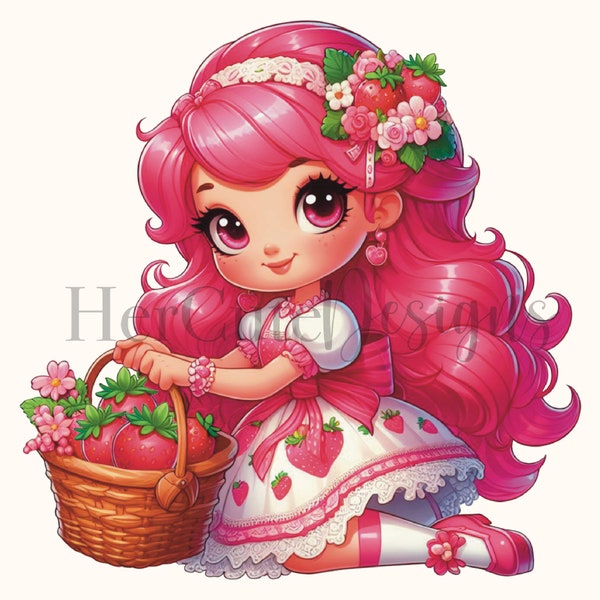 Cute Strawberry Shortcake PNG |Pink Dress |Girly | Flowers| Red| Birthday | Pretty| Strawberries