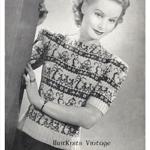 PDF 1940&#39;s Instant digital download, Willow Pattern Jumper, vintage WW2 design, fairisle short sleeved knitted top, by Bestway