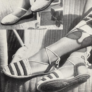 May include: A vintage crochet pattern for making shoes. The pattern includes instructions for making two styles of shoes: a closed-toe flat and a sandal with a strap around the ankle. The text on the page reads "Easy-to-make SHOES in CROCHET For your own foot fitting."