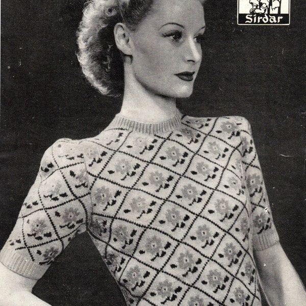 PDF 1940's Instant Digital Download, vintage knitting pattern fair isle jumper with short sleeves, by Bestway