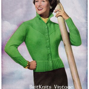 May include: Vintage illustration of a woman wearing a bright green cardigan sweater with a high collar and button closure. The sweater has long sleeves and a ribbed hem. She is wearing a gold bracelet and a dark brown skirt. The text "BritKnits Vintage" is at the bottom.