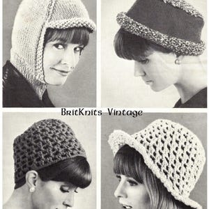 May include: Vintage black and white image featuring four different knitted hat designs. The hats include a hooded cap, a cloche with a textured brim, a crocheted cap, and a bucket hat with a scalloped edge. The text "BritKnits Vintage" is visible.
