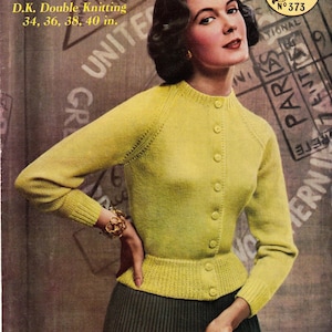 May include: A vintage knitting pattern for a yellow cardigan with a button-up front. The pattern is from Marriner's Knitting Wools and is for sizes 34 to 40 inches.