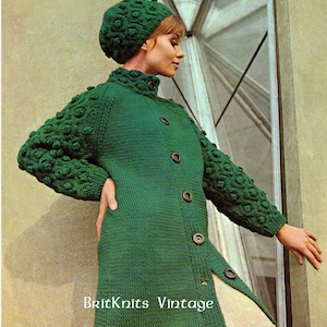 PDF 1960s Instant digital download, knitting pattern for Ladies chunky yarn 3/4 length jacket coat, including hat instructions