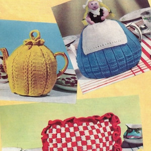 May include: Three knitted tea cosy covers. One is yellow, one is blue with a white doll on top, and one is red and white checked with a ruffled edge.