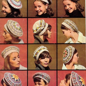 May include: A collage of 10 different knitted hats with various colorful patterns. The hats are all in the style of a beret.