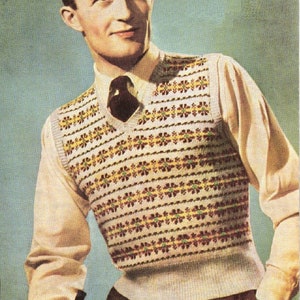 May include: A man wearing a white shirt with a brown and white patterned knitted vest. The vest has a V-neck and a brown tie. The man is holding a pipe in his hand. The text "Harrap Bros (Sirdar Wools) Ltd., Bective Mills, Wakefield." is printed at the bottom of the image.